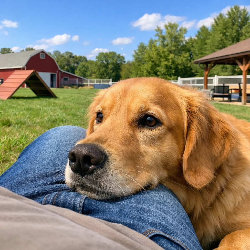 Golden retriever keeping watch over sleeping owner at night showing canine devotion and loyalty