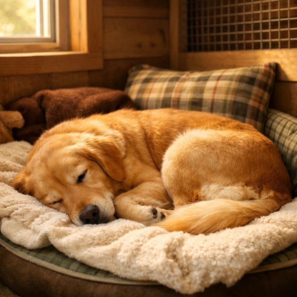 Dog sleeping peacefully in comfortable overnight boarding kennel in Portland