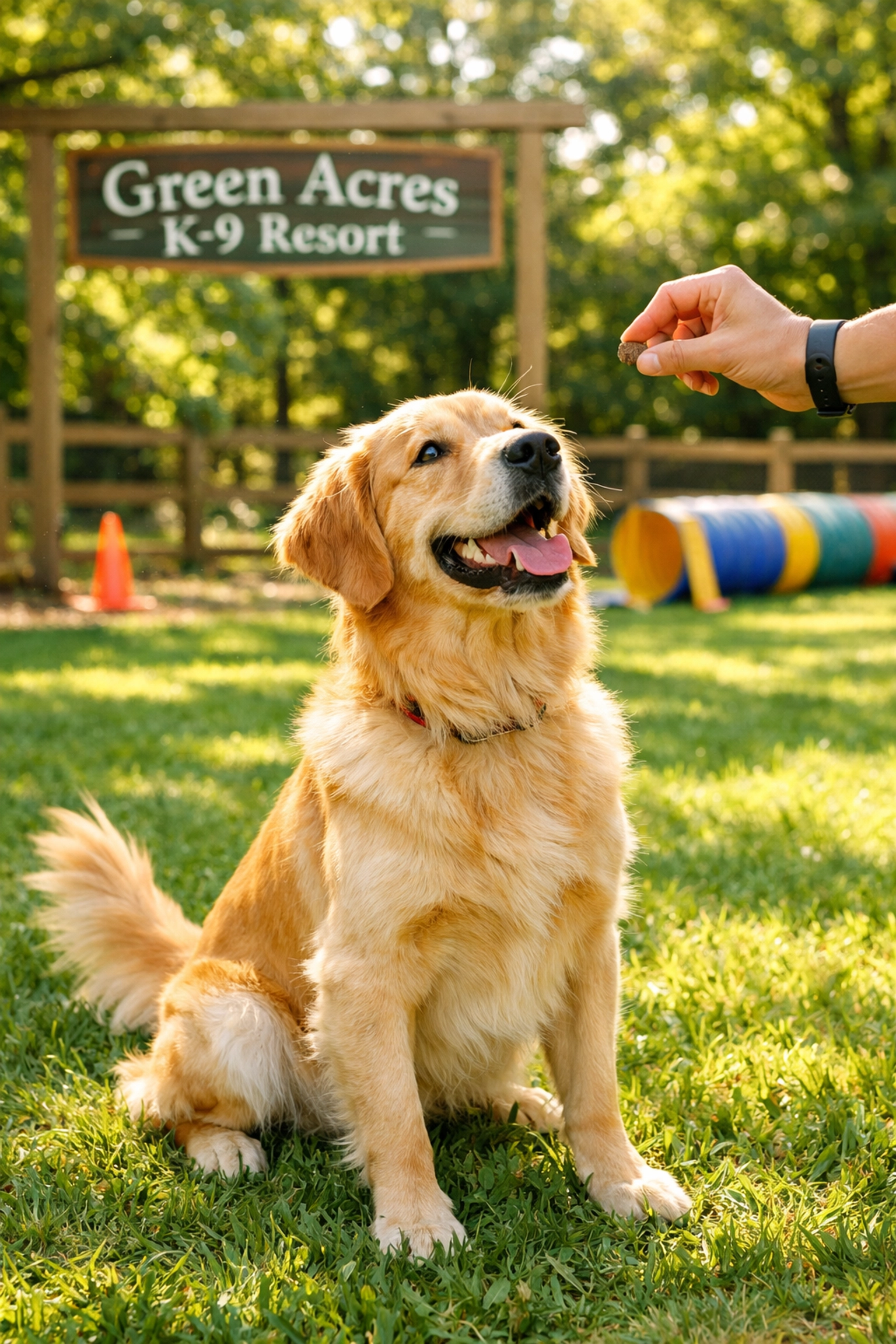 Golden retriever receiving treat during positive reinforcement training session in Portland