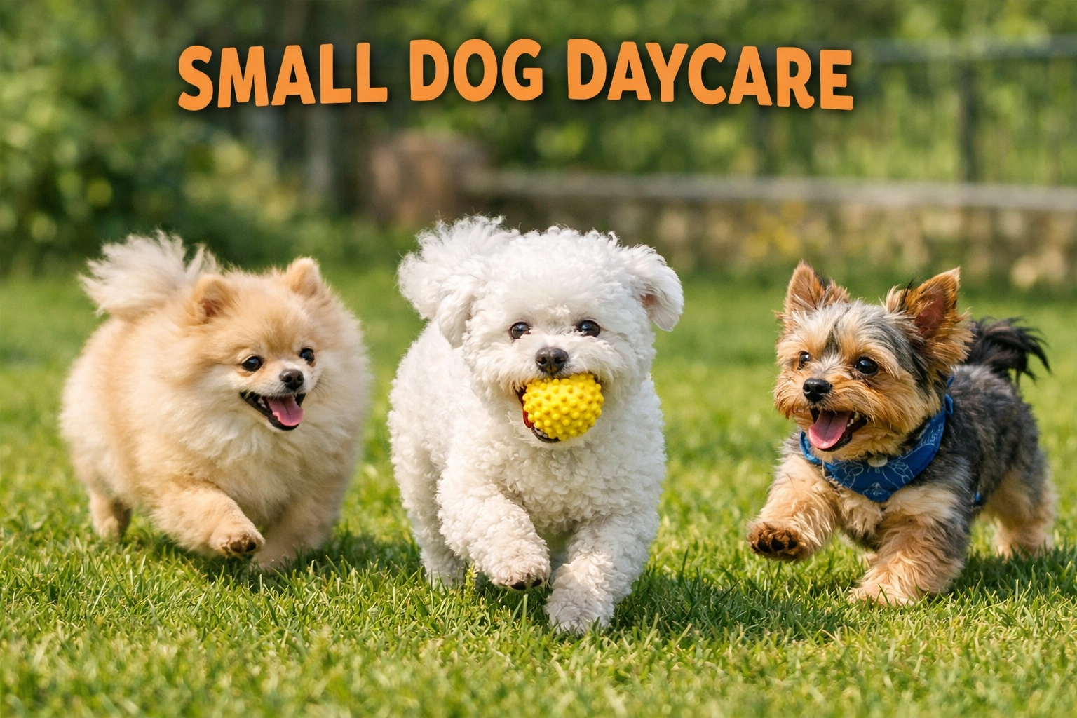 Three small dogs playing together at dog daycare in Boring Oregon