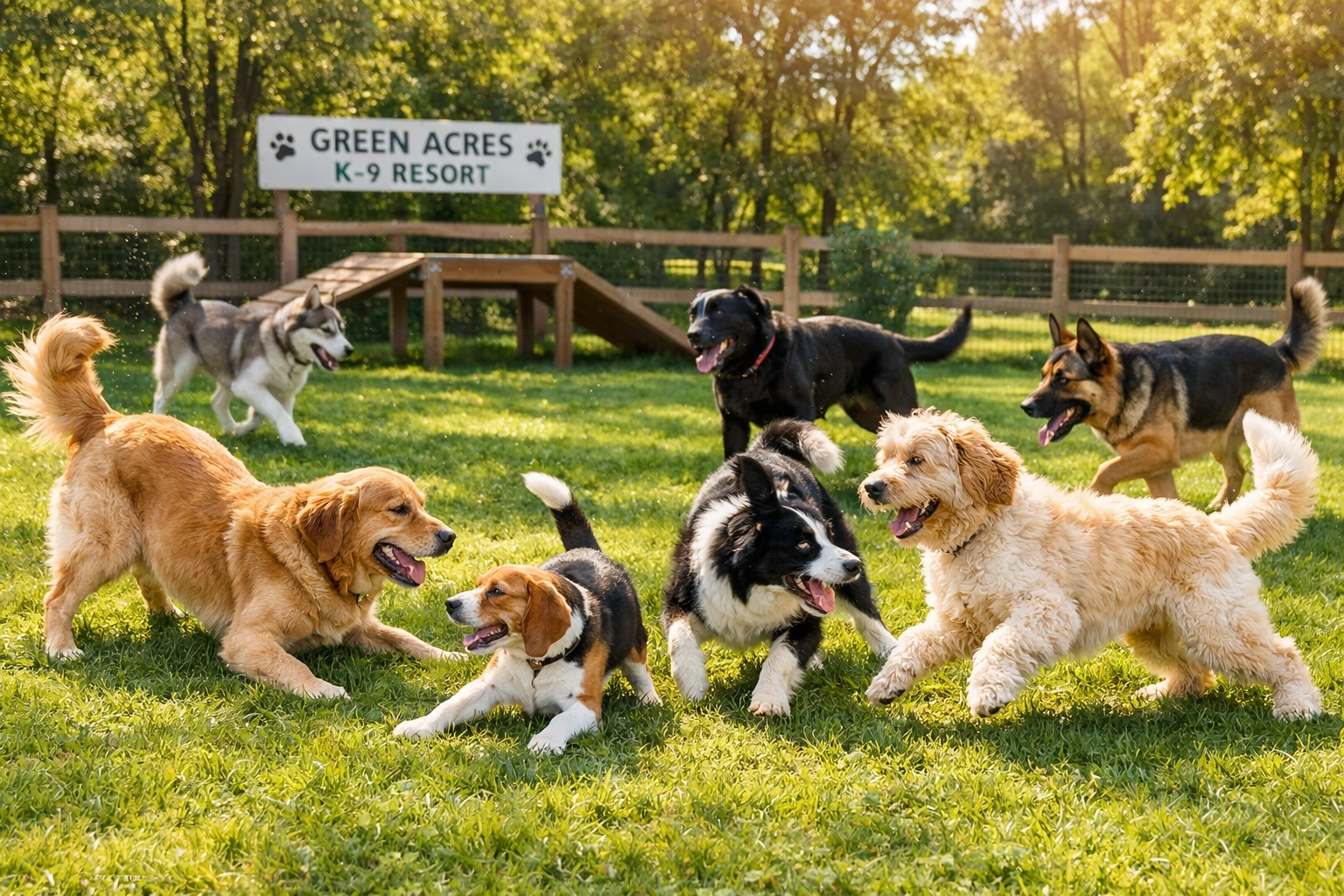 Multiple dogs engaged in social play and interaction at dog daycare facility
