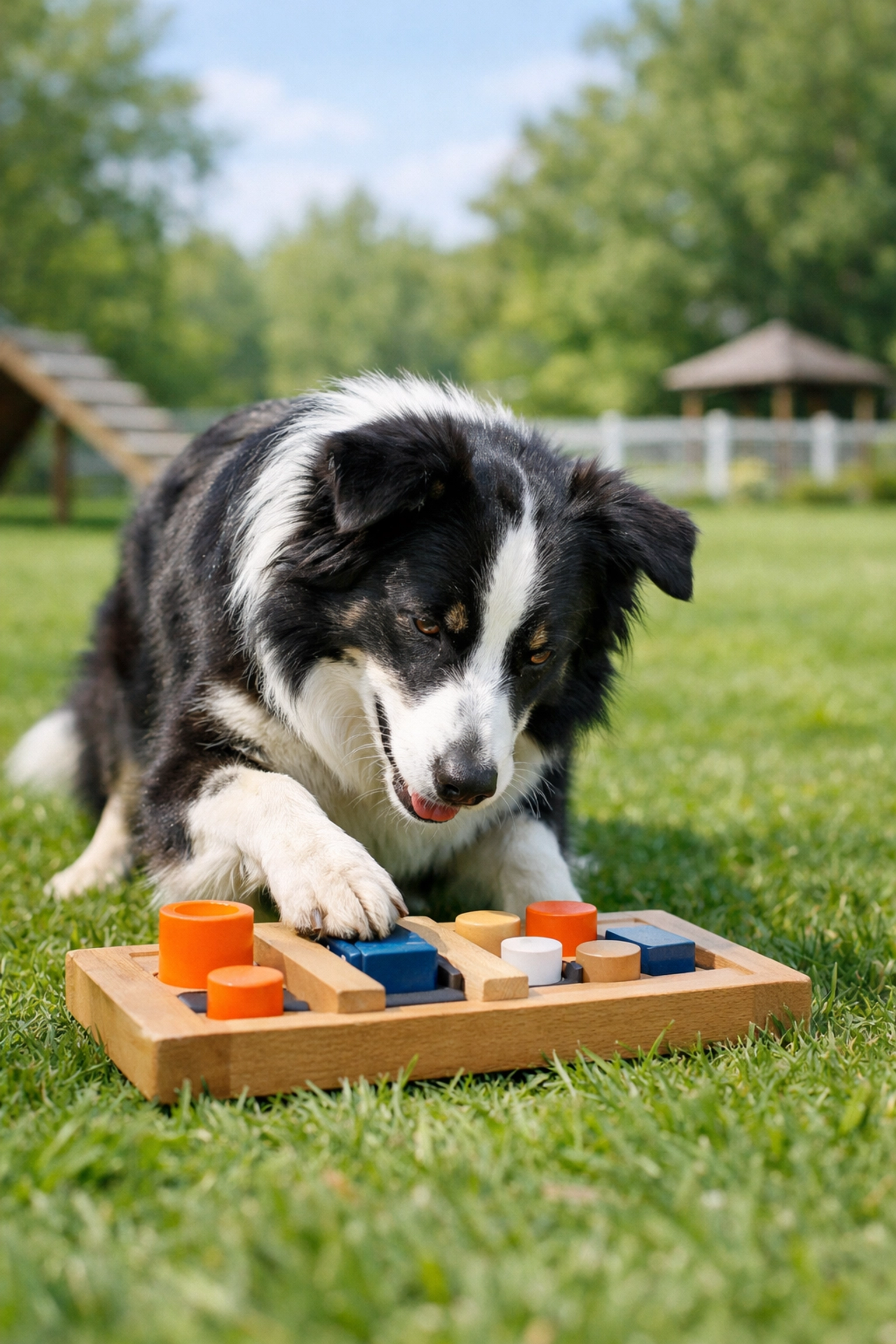 Border collie engaged in problem-solving exercise during dog training at Green Acres