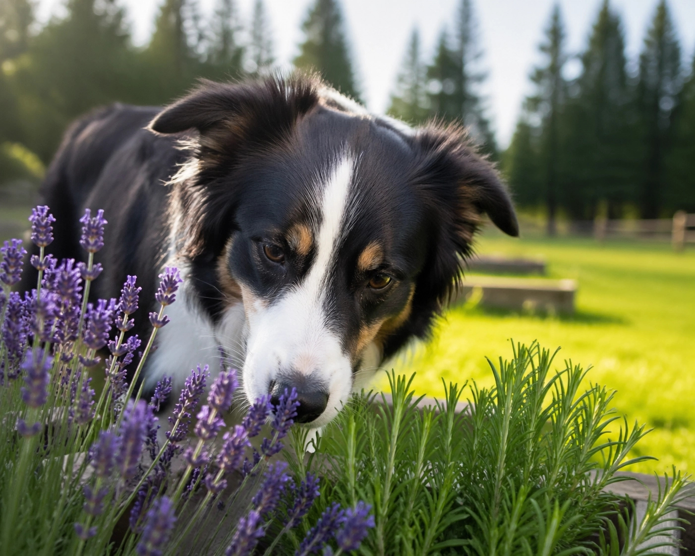Happy Border Collie exploring a sensory garden for olfactory enrichment at Green Acres K-9 Resort in Boring, Oregon.