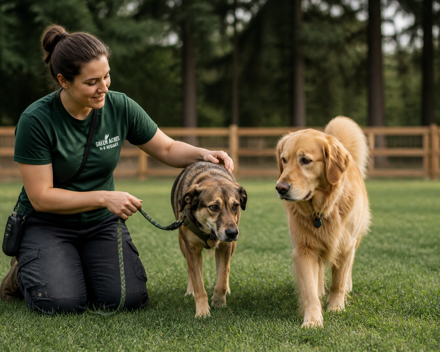 Holistic dog boarding in Boring Oregon: staff guiding a nervous dog through confidence-building parallel walking.